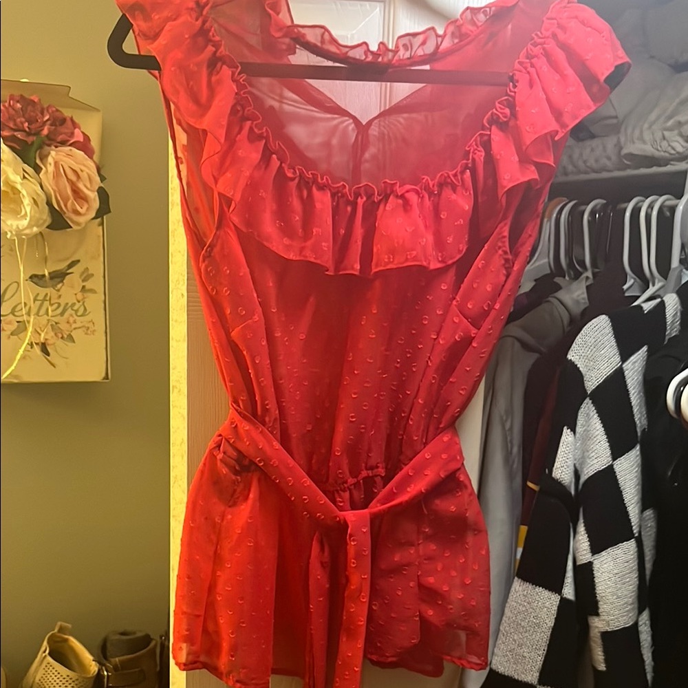 New York & Company Red Sheer Ruffled Peplum Blouse
